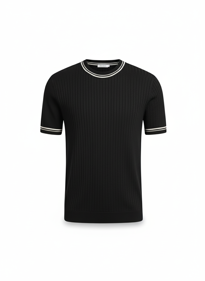 Black Striped Trim Knit Crewneck